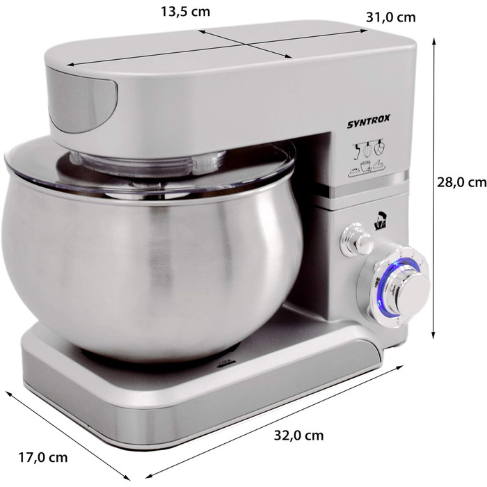 Кухонна машина Syntrox Germany KM-5.0L Basic Silver, 5 л, срібляста, міксер з нержавіючої сталі