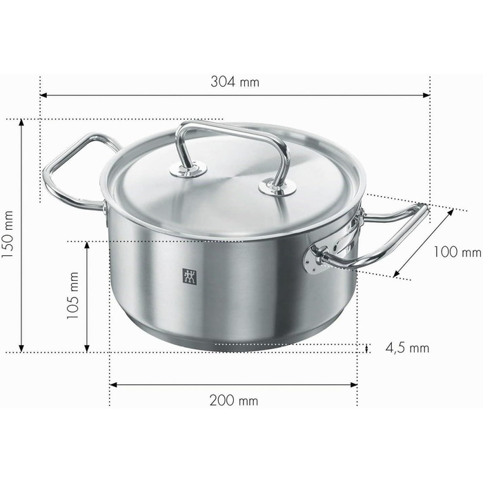Каструля Zwilling Twin Classic з кришкою, нержавіюча сталь, 20 см, 3.0 л, для індукційних плит, срібляста