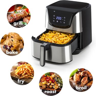 Аерофритюрниця Klarstein Aero Vital Deluxe, 1700 Вт, 5,4 л, з LCD-дисплеєм, 8 програм, з термостатом і таймером, нержавіюча сталь, срібляста, економна