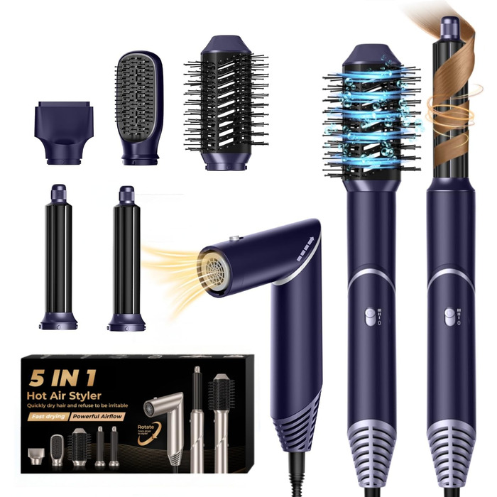 UKLISS 5-в-1 Airstyler Фен-щітка для укладки волосся з насадкою для локонів, 60000 об/хв, блакитний