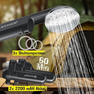 Кемпінгова душова кабіна KESSER® з акумулятором та ручною лійкою, 2 x 2200mAh, USB-зарядка, для кемпінгу, саду, авто, відпочинку на природі, миття собак, миття автомобіля, з сумкою, 12V насос, чорний/сірий