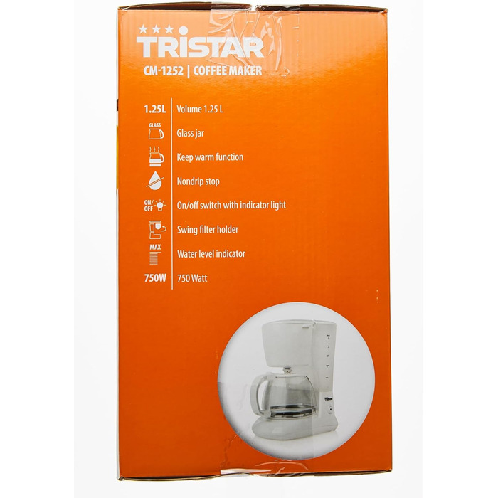 Кавоварка Tristar CM-1252, 1,25 л, 10-12 чашок, для дому і кемпінгу, біла