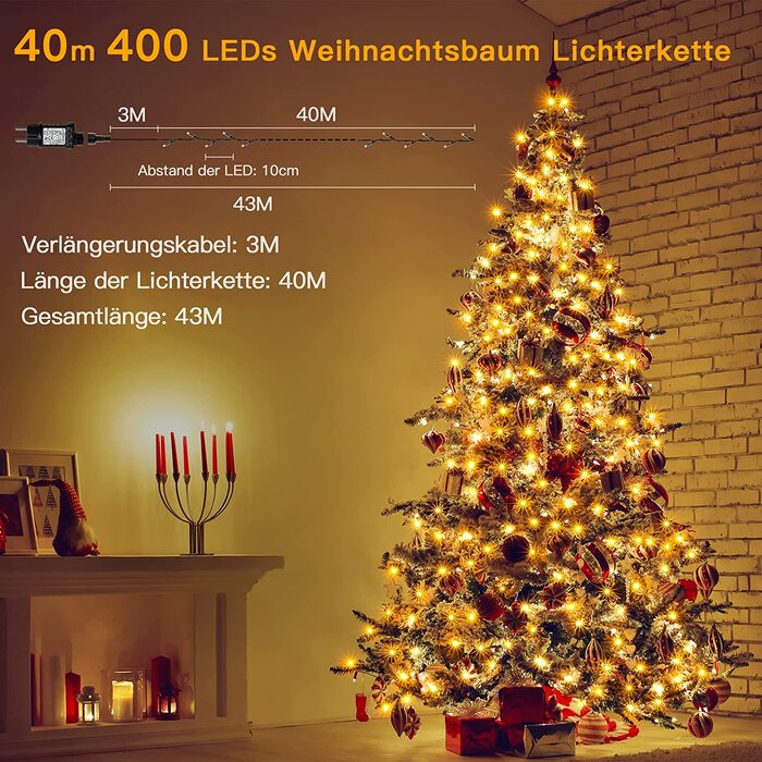 Гірлянда Ollny 20 м 200 LED для вулиці й дому, тепле біле світло, з пультом і таймером, 8 режимів, водонепроникна, для саду, балкона, весілля, новорічна