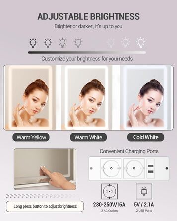 Туалетний столик Hzuaneri з LED-підсвіткою, 2 розетками AC і 2 USB, 2 шухлядами та 4 відкритими полицями, сучасний дизайн, білий, для спальні, вітальні, ванної