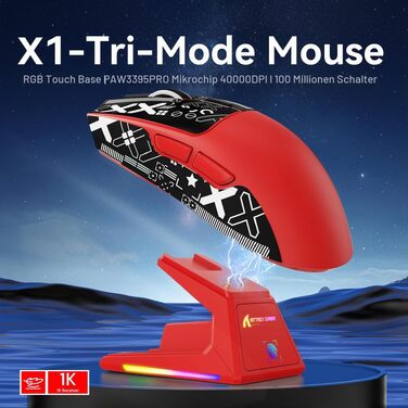 Ігрова миша Attack Shark X1 White/B-Red: сенсор PixArt PAW3395PRO, 40000 DPI, вага 53г, RGB док-станція з тачпадом, бездротова (BT/2.4G) та дротова, для Win11/Xbox/PS/Mac