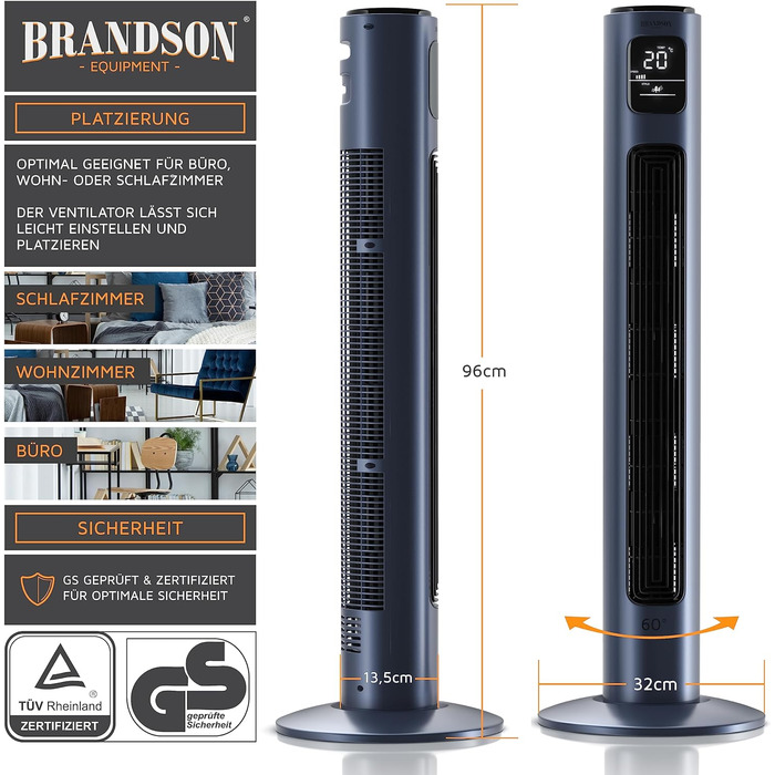 Турмовентилятор Brandson 96 см з пультом, 3 швидкості, осциляція 60°, мобільний підлоговий вентилятор, темно-синій, переможець 2024 року