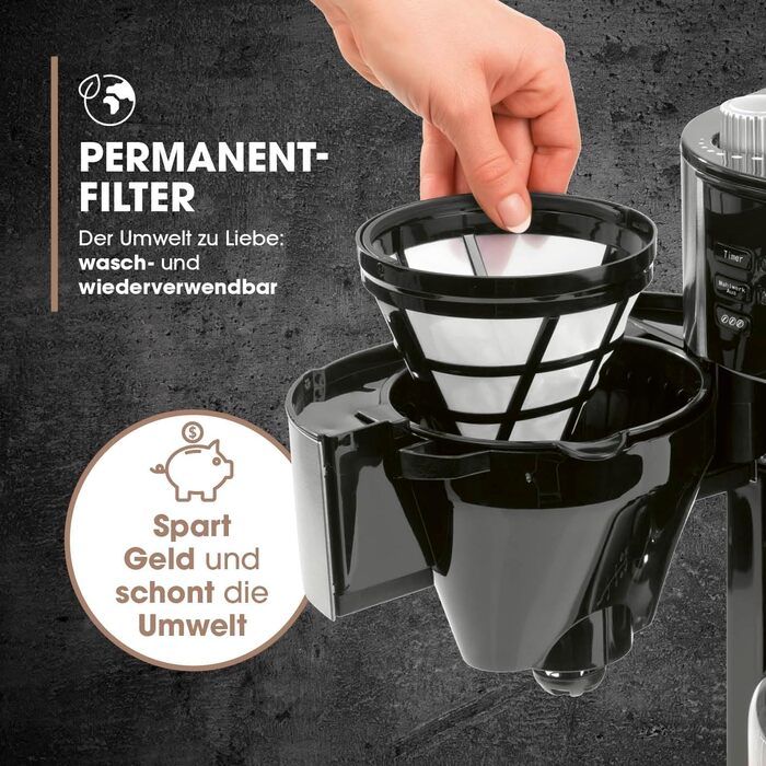 Кавомашина Barista Filterkaffeemaschine з регульованим млинком та скляною колбою | Функція підігріву, таймер 24 год та постійний фільтр | Для 10 чашок кави | Кавомашина для зерен та меленої кави [Нержавіюча сталь] 6) Нержавіюча сталь - скляна колба - з мл