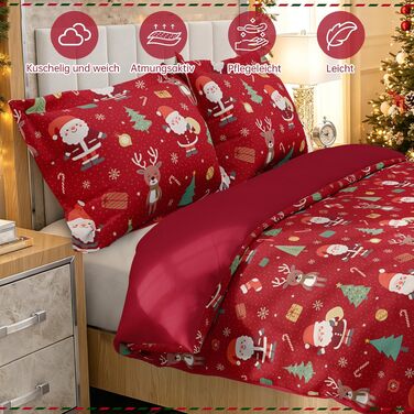 Комплект новорічної постільної білизни WONGS BEDDING з Санта-Клаусом, м'яка мікрофібра, 2 предмети (підковдра 135x200 см, наволочка 80x80 см), червоний
