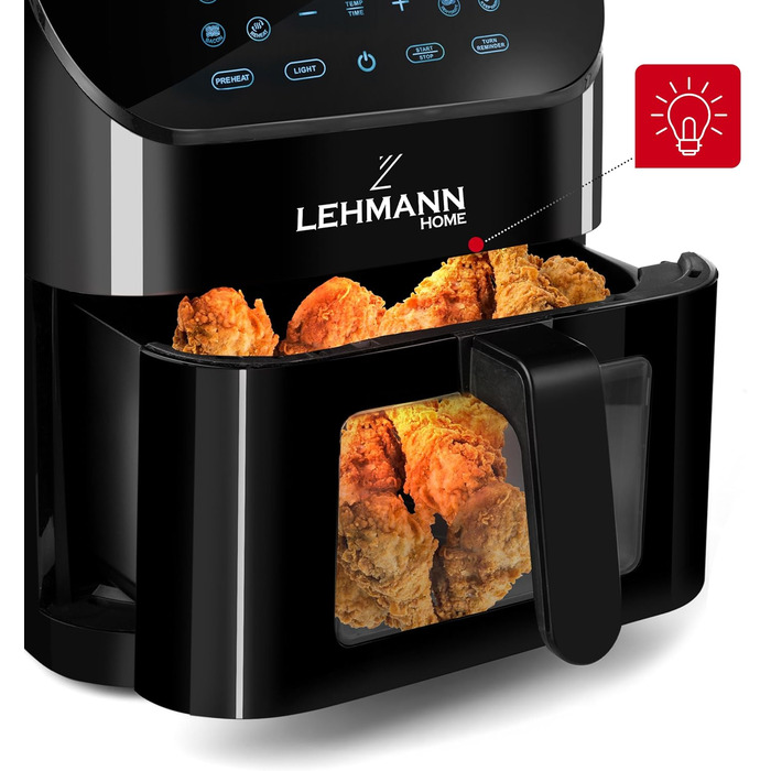 Аерофритюрниця LEHMANN 8L з вікном перегляду, роздільником на 2 камери та 12 програмами, антипригарне покриття, до 200°C