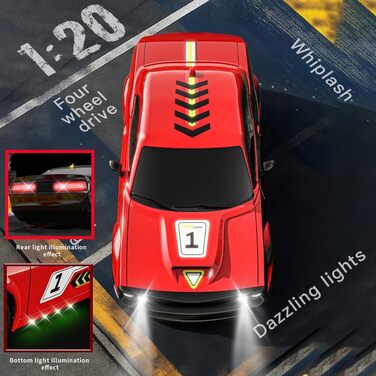 RC Дрифт-кар 1:20 для дітей, 2.4Ghz, LED, 15км/год, 4WD, червоний (2 батареї)
