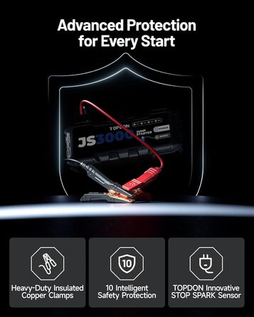 TOPDON JS3000 Powerbank-пускозарядний пристрій для авто, 24000mAh, 3000A, сумісний з бензиновими (9L) та дизельними (7L) двигунами, вбудований LED, EVA-сумка