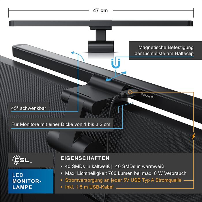 LED-лампа для монітора CSL Screenbar USB з пультом дистанційного керування, регулювання яскравості, 3 колірні температури, захист очей, поворотна