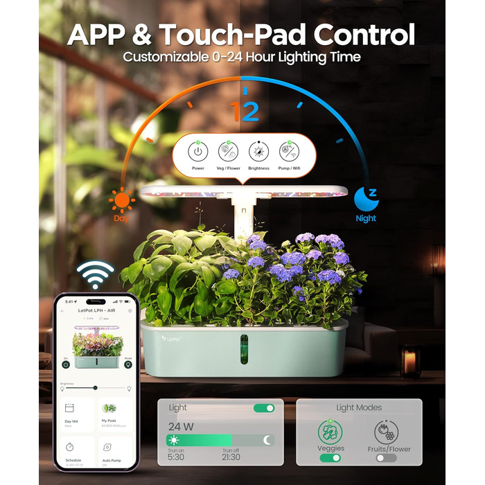 LetPot LPH-Air: Розумний гідропонний сад для вирощування трав, 10 капсул, LED 24W, 4L, WiFi, таймер