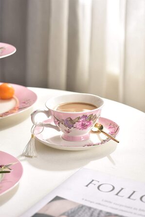 Чашка та блюдце з порцеляни Shabby Chic, 19,1 см, десертна тарілка, вінтаж, птах, метелик, квіти, подарункова коробка (рожевий)