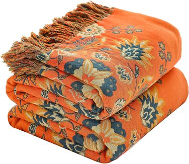 Двосторонній плед HOORDRY з бавовни Boho 150x200 см, покривало на ліжко, диван чи крісло, зелений та помаранчевий, з візерунком, для сну чи відпочинку
