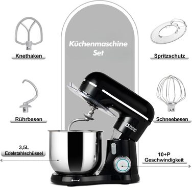 Кухонний комбайн Kitchen in the box Kompakte — планетарний міксер та тістоміс 3.5 л, 10 швидкостей, з насадками (гак, вінчик, міксер), чорний
