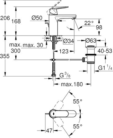 Змішувач для ванної кімнати Grohe Eurosmart Cosmopolitan, хром, 30 см, водозберігаючий, з витяжною системою