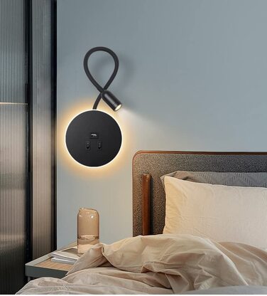 Світильник для читання Awekliy 3W+8W LED з гнучкою ніжкою, настінний, з USB-зарядкою, перемикачем, для спальні, ліжка, нічник, чорний, 3000K
