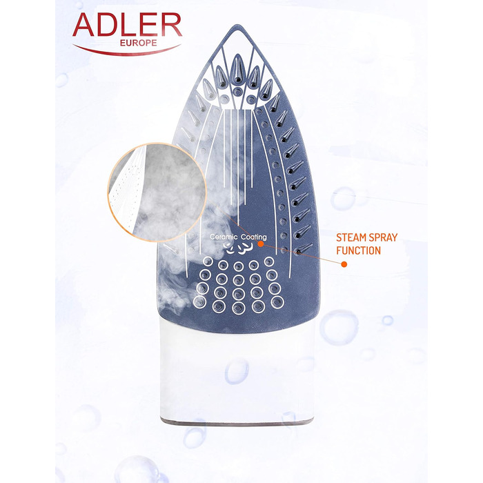 Парова праска Adler AD5030, 3000 Вт, керамічна підошва, самоочищення, захист від накипу, коричнева/сіра/біла