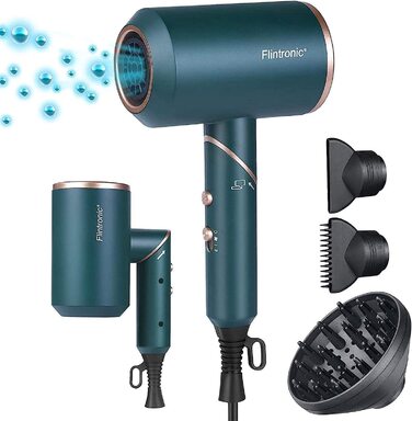 Фен Flintronic 2000 Вт з іонізацією, складаний дорожній фен з AC мотором, 1 дифузор та 2 концентратори, 2 режими нагріву, 3 швидкості, зелений