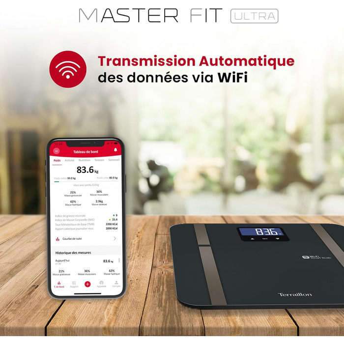 Розумні ваги TERRAILLON Master Fit Ultra з Wi-Fi, вимірюванням пульсу, аналізом жиру, м'язової, водної, кісткової та вісцеральної маси, ІМТ, підрахунком калорій