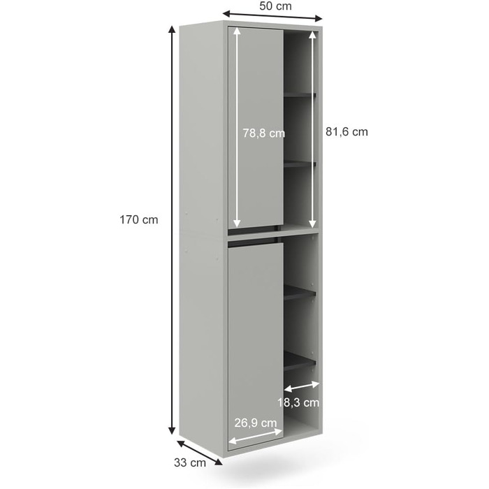 Пенал для ванної Vicco Viola, антрацит, 50x170 см, з дверцятами і відкритими полицями