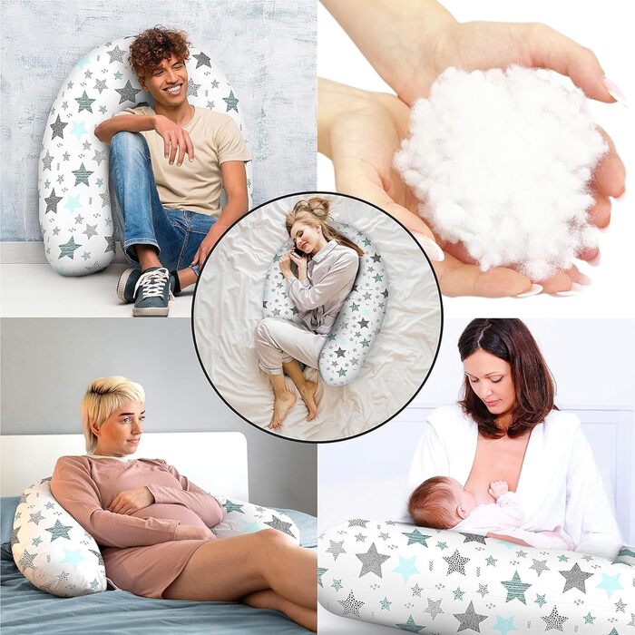 Подушка для вагітних та годування Amilian XXL, ортопедична, для сну, бавовняна, з чохлом, сіра з бірюзовими зірками
