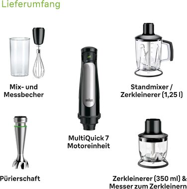 Блендер Braun MultiQuick 7 MQ 7045X, 1000 Вт, ручний, знімна нержавіюча ніжка, технологія ActiveBlade, набір з 4 насадок, чорний
