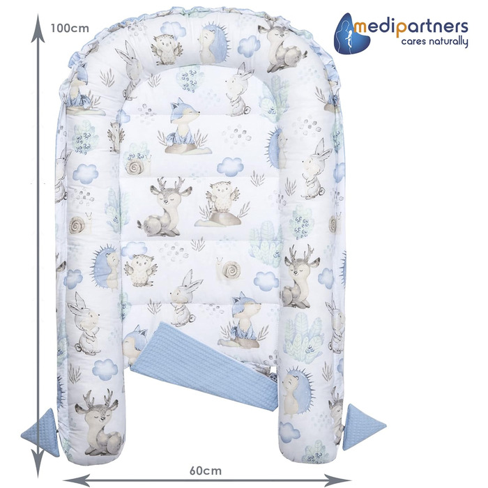Дитяче гніздо-лежак Medi Partners з бавовни Waffle, 100x60x15 см, для немовлят, з принтом оленя та їжака, світло-блакитне, безпечний замок, переносне ліжечко