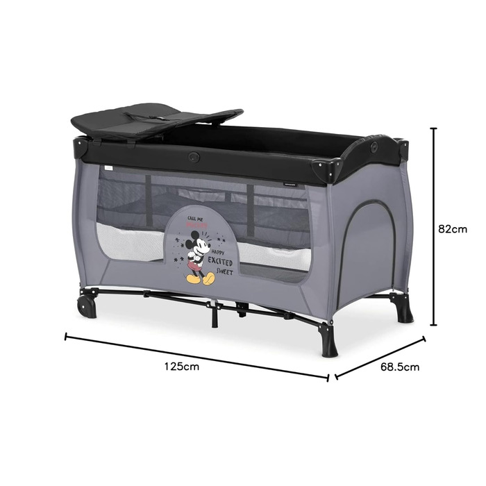 Дитяче дорожнє ліжечко Hauck Sleep N Play Center Disney Mickey Mouse Grey з люлькою для новонароджених, пеленальним столиком, сумкою для транспортування, колесами, боковим входом, компактно складається, для дітей від народження до 15 кг