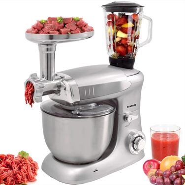 Кухонна машина Syntrox Germany Deluxe 1300 Вт, міксер і м’ясорубка 2-в-1, з аксесуарами, срібляста