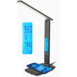 Світлодіодна настільна лампа Blaupunkt з бездротовою зарядкою, USB-портом, димуванням, 5 режимами світла, регульованою конструкцією, годинником, календарем, термометром, чорна, для офісу та читання
