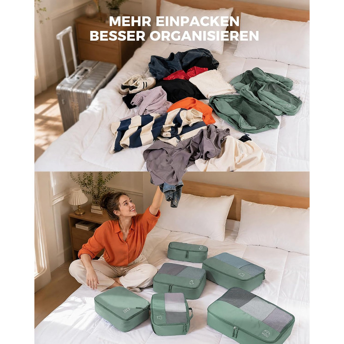 Набір органайзерів для валізи та рюкзака Packing Cubes, 8 предметів, сіро-зелений — дорожній набір для пакування речей