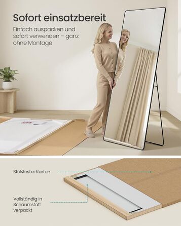 Дзеркало підлогове SONGMICS 160x50 см, чорне: повний зріст, алюмінієва рама, міцне скло для спальні, вітальні, передпокою