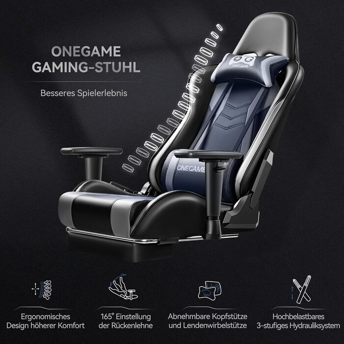 Ігрове крісло OneGame, велике ергономічне комп'ютерне крісло з PU-шкіри, регульовані підлокітники, для геймінгу та офісу, до 150 кг, чорне-синє