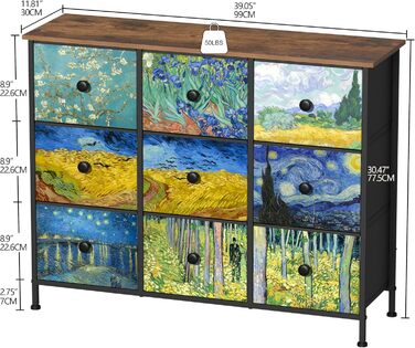 Тканинна комод-органайзер VEDECASA з 9 шухлядами Van Gogh, металевий каркас, дерев'яна стільниця, з ручками для вітальні, спальні, дитячої кімнати