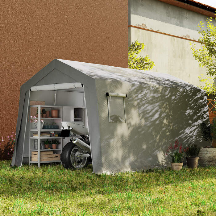 Outsunny Garden Shed з двосхилим дахом Водонепроникний садовий намет з дверима, вікнами, антипиловим покриттям для велосипеда, фольгований садовий сарай Велосипедний гараж для саду патіо, 300 x 447 x 255 см, світло-сірий