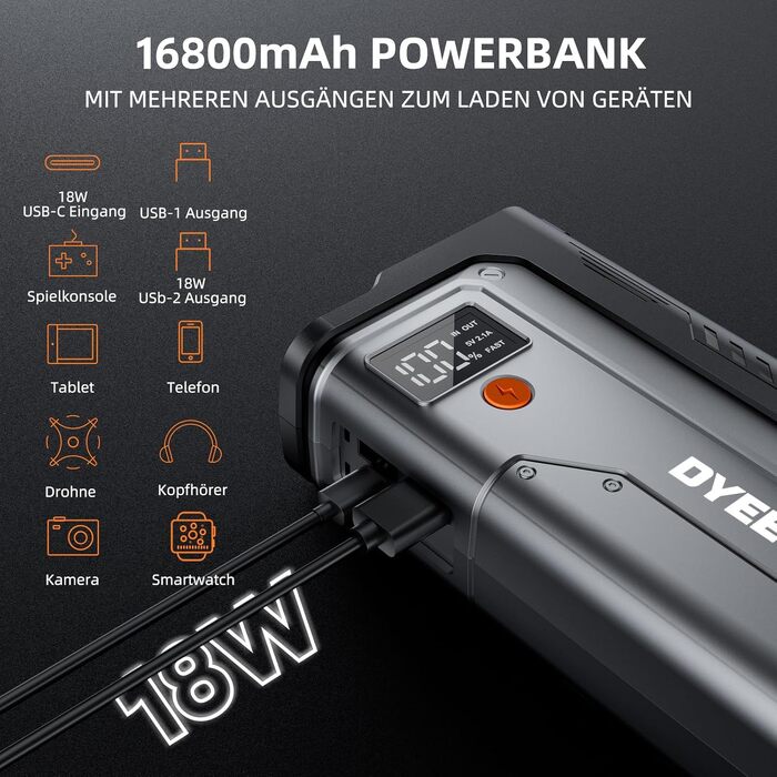 Бустер для автомобіля DYEETIC D16: пусковий зарядний пристрій Powerbank 6000A 12V для бензинових та дизельних двигунів (до 10.0Л), портативний Jump Starter з LED-ліхтарем та екраном