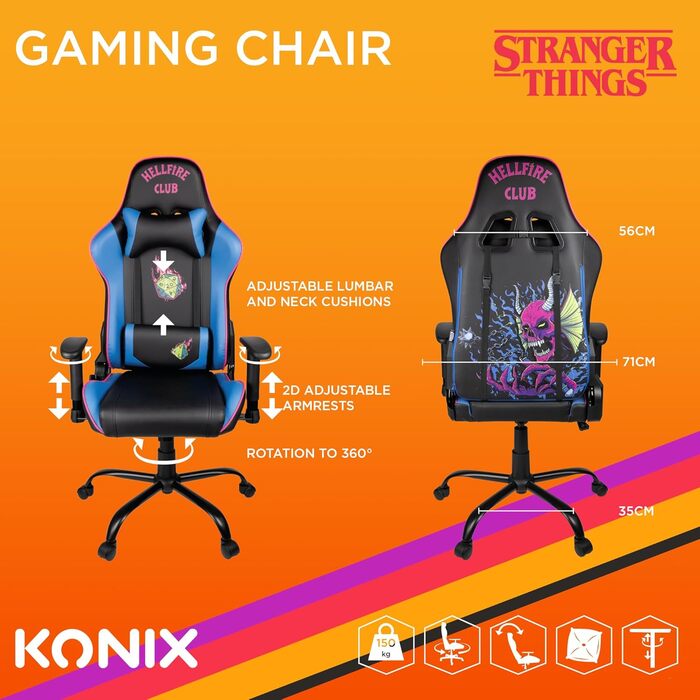 Ігрове крісло Konix Stranger Things Hellfire Club, преміум, PVC шкіра, сидіння 150°, подушки для попереку та шиї, чорне/синє