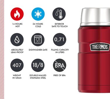 Термос для їжі Thermos Stainless King 710 мл, нержавіюча сталь, червоний, зберігає гаряче 14 годин, холодне 24 години, герметичний, для супу, мюслі, рагу, підходить для посудомийної машини