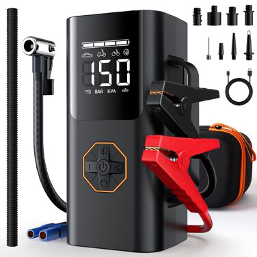 Пусковий пристрій для авто (бустер) 9 в 1 з компресором 150PSI, Powerbank 5500A, LCD-дисплеєм та ліхтариком для 12V бензинових та дизельних двигунів