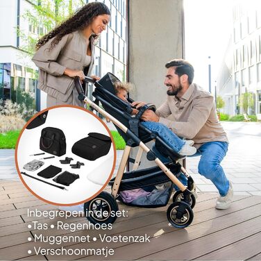 Коляска Lionelo Amber 3-в-1: люлька, автокрісло i-Size, прогулянкове сидіння, повітряні колеса, поворотне сидіння, XXL капюшон UPF 50+, сумка, москітна сітка, дощовик, чорно-срібна