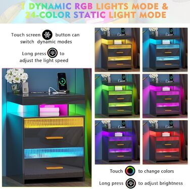 Нічний столик Lvifur з LED-підсвічуванням, сенсором руху та USB/Type-C зарядкою, 2 шухляди, бездротова зарядка, 3 кольори, регулювання яскравості, чорний
