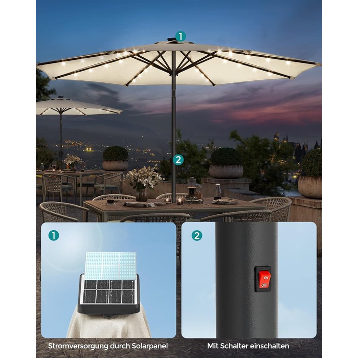 Парасоля SONGMICS 300 см з LED-сонячним підсвічуванням, 32 LED-лампочки, UV-захист UPF 50+, нахил 30°, для саду, тераси, басейну, балкона, без основи, бежевий