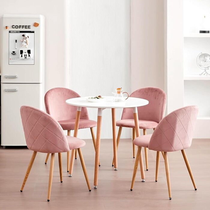 DEYARNA HOME Комплект обідньої групи: стіл та 4 стільці, стіл з МДФ, стільці з оксамиту, сучасний дизайн (Білий/Рожевий, 80*80*75 см)