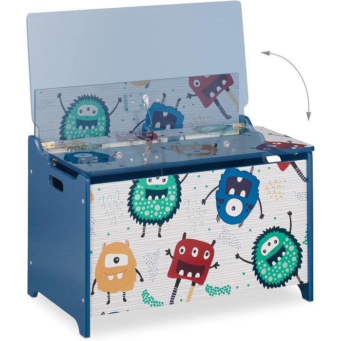 Скриня для іграшок Relaxdays у вигляді монстра, з кришкою, 50x60x36,5 см, МДФ, ігровий ящик синьо-білий