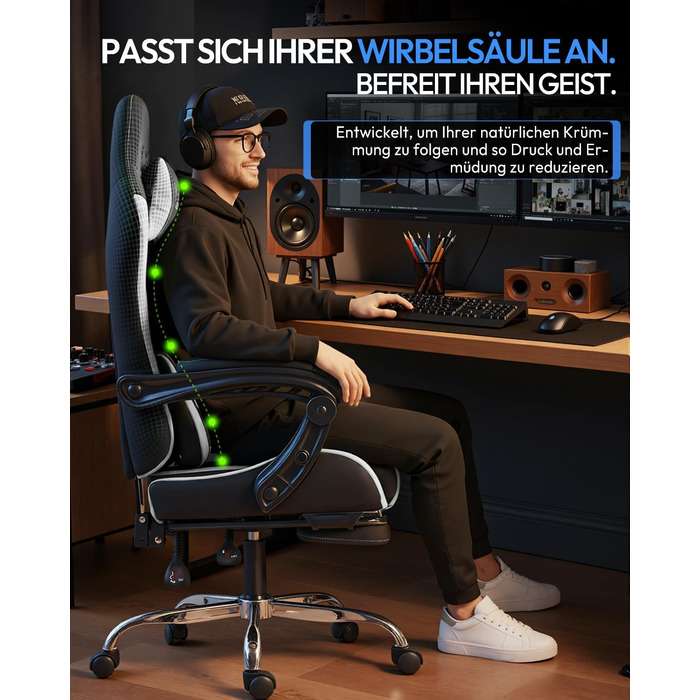 Ігрове крісло Dowinx Ergonomic Gaming Chair з підставкою для ніг, біле, витримує до 150 кг, з регульованими підлокітниками для ПК та офісу
