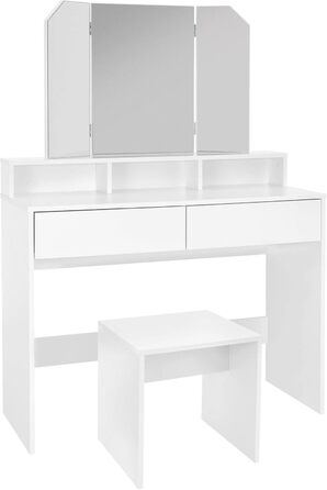 Туалетний столик ML-Design з табуретом, білий, сучасний косметичний стіл з трьома дзеркалами, двома шухлядами та трьома відкритими полицями, 100x40x140 см, туалетна комода для макіяжу