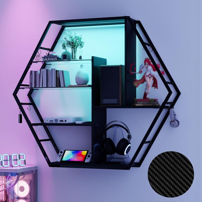 Плаваючі полиці YUSING RGB з підсвіткою 7 кольорів для ігор, настінні вітрини з 2 скляними полицями та 8 гачками, Hexagon (карбонове покриття)