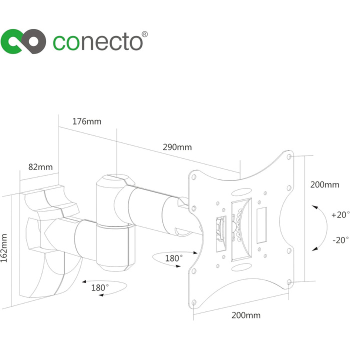 Настінний кронштейн для моніторів та телевізорів connecto до 42 дюймів, поворотний та нахильний, VESA 50x50-200x200, до 30 кг, чорний (SA-CC50252-V2)